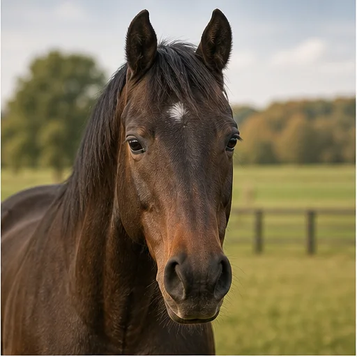 A dark bay horse standing in a rehabilitation center pasture