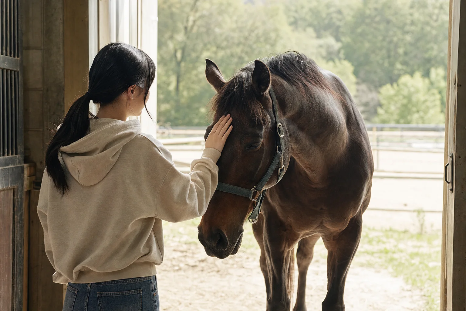 A student gently stroking a horse's forehead at the stable door