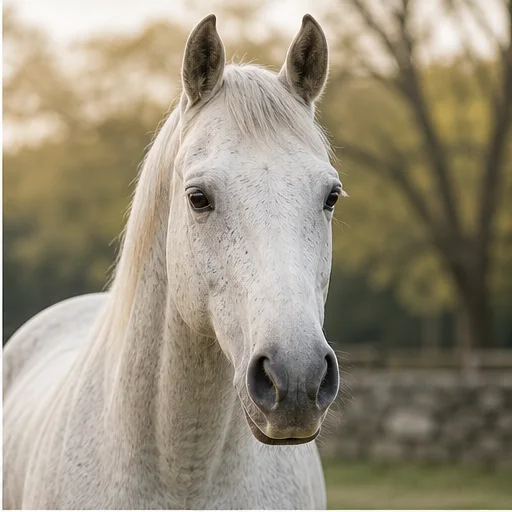 Baram, a gray mare, standing peacefully in a tree-lined pasture